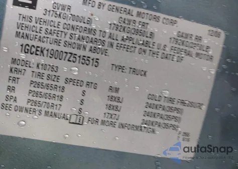 2007 Chevrolet Silverado 1500 Lt1 из США, поврежденный, VIN 1GCEK19007Z515515